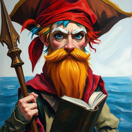 Oil painting rendered in a loose, impressionistic style with thick, expressive brush strokes. Full body portrait of a young pirate wizard. His outfit is a mish mash of wizard-like scholastic and pirate clothes. He wears a red bandana and has a long ginger beard. He has big white eyebrows. His hair is a mixture of colors: blue, red, yellow, green. He holds a book and a wizard's staff. The background shows sea and a horizon.