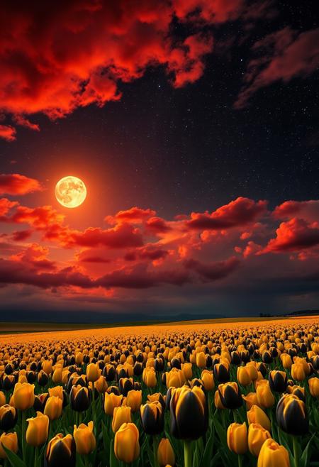 (((Black and gold tulips))), extremely detailed sky, from a high cliff, starry sky, dark night, moon on fire, fields of black and gold tulips, beautiful fields, very bright, vibrant clouds, red clouds, storm coming, 8k wallpaper, romantic, perfect quality, very detailed, beautiful
