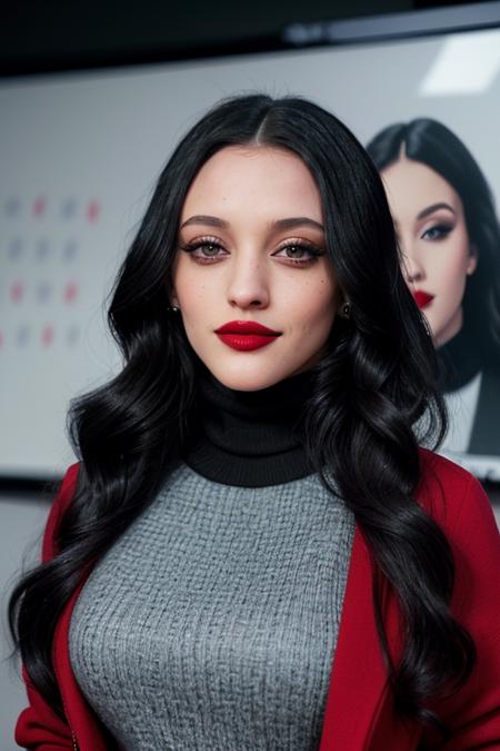 photo of katdennings:0.99, a woman, ((beautiful black hair)), ((dimples)), ((turtleneck sweater, jacket):1.1)), ((closeup, portrait):1.2), (( conference room, whiteboard):1.2), ((red lipstick,eyeliner, eye shadow, blush)), ((best quality, masterpiece, extreme details, high resolution):1.2),((detailed eyes, beautiful eyes, detailed face, beautiful face):1.2)