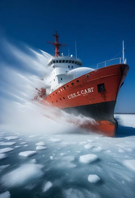 A red and white "US Coast Guard" ship breaks the ice on the Great Lakes at Christmas time. Dynamic scene with wind, 
blowing snow, 
ice and spray flying about.