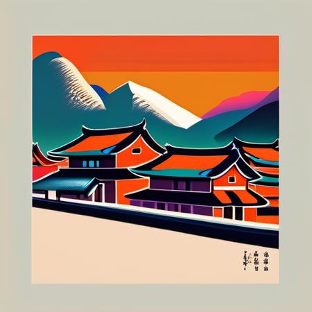 Ukiyo-e  asian anime futuristic sci-fi painting atmospheric landscapes poster vibrant colours cherry blossoms japanese woodblock prints