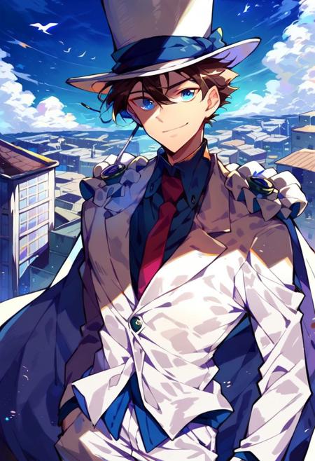 kaito kid, 1boy, solo, brown hair, blue eyes, monocle, white top hat, purple shirt, necktie, white cape, pauldrons, white pants