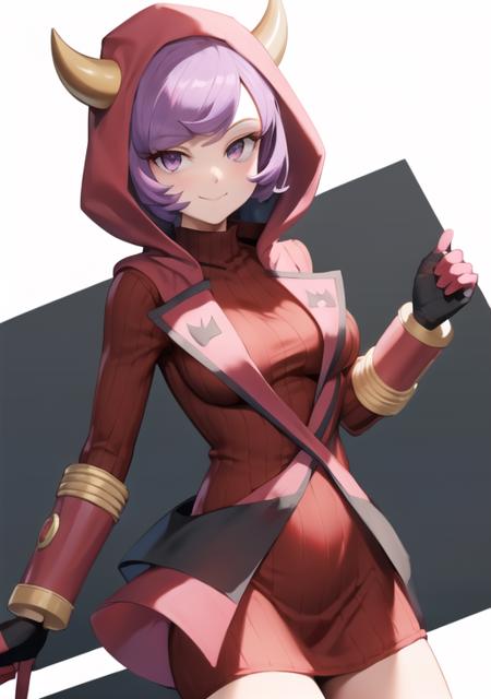 <lora:courtney:0.7>,courtney, 1girl, solo, breasts, looking at viewer, smile, short hair, bangs, simple background, gloves, white background, dress, closed mouth, purple eyes, purple hair, horns, signature, hood, arm up, sweater, eyelashes, red dress, clenched hand, red gloves, ribbed sweater, hood up, fake horns, sweater dress, horned headwear, ribbed dress