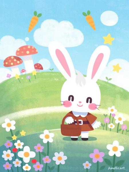 AMELICART. masterpiece, best quality,high detailed. A vibrant digital illustration depicts a quaint fantasy scene featuring a cute, anthropomorphic white bunny character with rosy cheeks. The plush bunny stands on a lush green hill adorned with flowers, holding a wooden pail filled with carrots. The backdrop is a cheerful blue sky with fluffy white clouds, dotted with whimsical shapes: carrots, mushrooms, and a star. The bunny's outfit, a rustic brown tunic, adds charm to the scene’s gentle, inviting ambiance. This cute art style suggests a playful, peaceful moment.