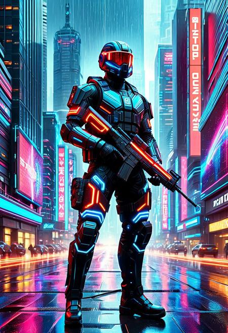 lazypos,A futuristic ((male)) police officer in a high-tech combat exoskeleton with pulsating blue and red LED lights resembling police sirens. He holds a sleek, advanced blaster rifle, standing ready on a neon-lit street in a cyberpunk city. The exoskeleton is armored yet streamlined, with glowing circuit patterns, a reinforced visor displaying tactical data, and mechanical joints enhancing mobility. The cityscape features towering skyscrapers, holographic billboards, and flying cars, with rain-slicked pavement reflecting the vibrant lights. Dynamic pose, cinematic atmosphere, ultra-detailed, photorealistic style with sci-fi influences.