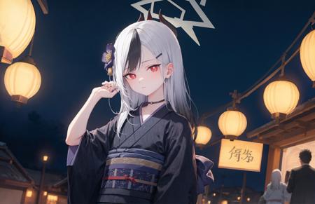 masterpiece, best quality, multicolored hair, white hair,[black hair],1girl, japanese clothes, hair ornament, solo, halo, flower, looking at viewer, sash, hair flower, obi, hairclip, night, outdoors, choker, wide sleeves,  closed mouth, dutch angle, bag,kimono,horns,print_kimono,multicolored hair,black hair,white hair,white pupils,city_lights, (lanterns),twilight,<lora:newyearkyk2lora-000016:0.9>