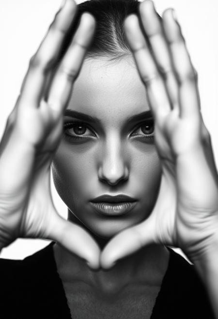Foreground: a woman's hands framing her face, rendered with visible lines. Middle ground: her face, with an intense, direct gaze and subtly colored lips. Background: a stark, untextured white space. The woman's face and gaze are the central focus, captured in a high-fashion, black and white photographic style with sharp focus and strong contrast.