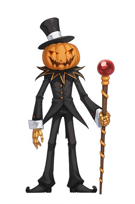 jakkRo, top hat, pumpkin head, black pants, glowing eyes, suit, long sleeves, no human, skeleton hands holding staff