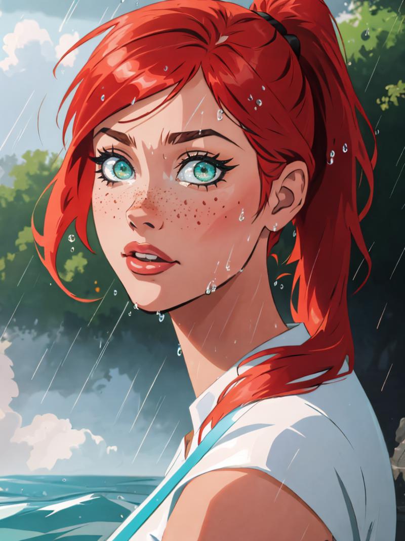 A redhead girl with green eyes and rain on her face.