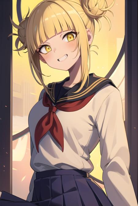 togahimiko, <lora:togatest:1>,
himiko toga, blonde hair, blunt bangs, double bun, eyebrows hidden by hair, eyeliner, hair bun, makeup, messy hair, (yellow eyes:1.5), grin, fangs, narrow eyes, teeth,
BREAK long sleeves, pleated skirt, school uniform, serafuku, skirt,
BREAK looking at viewer,
BREAK indoors, classroom,
BREAK <lora:GoodHands-vanilla:1>, (masterpiece:1.2), best quality, high resolution, unity 8k wallpaper, (illustration:0.8), (beautiful detailed eyes:1.6), extremely detailed face, perfect lighting, extremely detailed CG, (perfect hands, perfect anatomy),