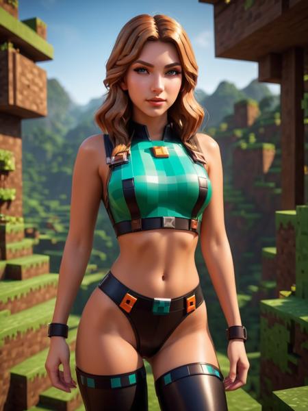 Minecraft style <lora:MinecraFFt-XL-TX-FA-v0471:1> RAW photo, a 22-year-old- Girl, full body, photography in latex, (realistic), beautiful detailed eyes, extremely detailed eyes and face, masterpiece, cinematic lighting, (high detailed skin:1.2), 8k uhd, dslr, soft lighting, high quality, film grain, Fujifilm XT3  . Blocky, pixelated, vibrant colors, recognizable characters and objects, game assets