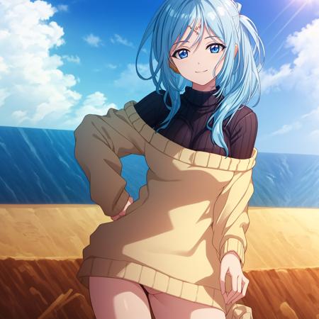 ((masterpiece)),((highres)),((best quality)),((highly detailed)),((extremely detailed CG unity 8k wallpaper)),illustration,Yamraiha,medium breasts,blue eyes,blue hair,hand on hip,(sweater:1.5),light smile,blue sky,