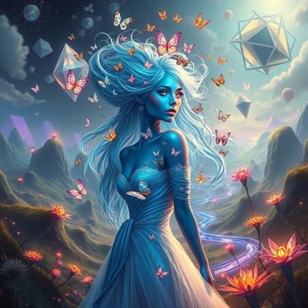 Create an image of a stunning woman with iridescent skin that shifts colors from deep blue to shimmering silver, standing in a dreamlike environment. Her hair is an intricate tapestry of flowing vines and flowers, intertwining with luminous butterflies that flutter around her.
The background features a bizarre landscape with gravity-defying hills and swirling rivers of liquid light. Giant, floating geometric shapes hover in the sky, casting colorful shadows on the ground. 
The woman wears an avant-garde dress made of translucent fabric that appears to be woven from starlight, changing form with each movement. Her eyes are multifaceted, resembling prisms, reflecting the surreal colors around her. 
Strange, whimsical creatures with elongated limbs and radiant patterns explore the landscape, while abstract, pulsating plants emit soft glows. The scene evokes a sense of wonder and enchantment, blurring the lines between reality and fantasy.