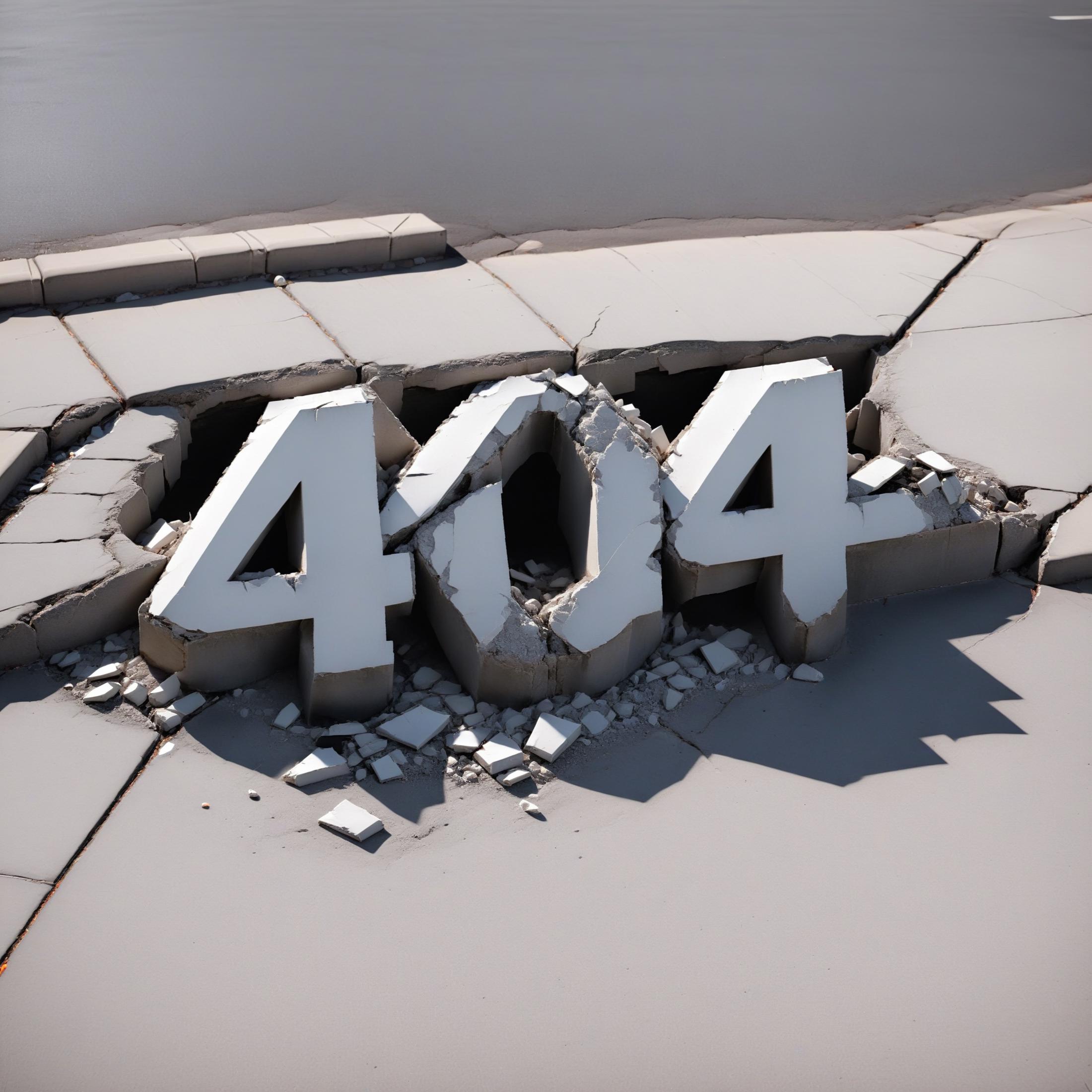 A 404 Error Page with Broken Letters in a Concrete-like Material