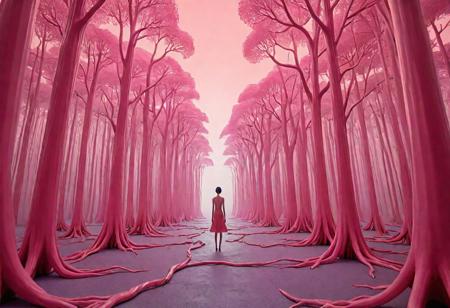 A surrealistic fusion of Reuben Wu's ethereal landscapes with Nick Knight's hyper-realistic models. A Synthetic forest of barcode trees, where creatures with Taro Okamoto's biomechanical limbs frolic and play. The sun sets in vibrant, electric hues, casting long, synthetic shadows that distort the Sharp Focus images of the models. In the distance, a satellite hovers, projecting old school designs onto the landscape, OverallDetail