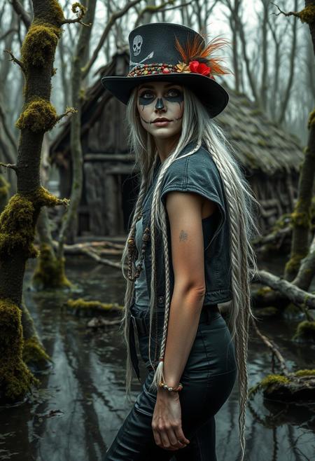 A dark fantasy setting. In a swamp, trees (both standing and growing, and fallen over) have moss growing all over them. In the background is a strange hut made of wood. In the foreground is a young woman, long white hair in a multitude of small braides, pale skin, medium breasts, her face is painted with makeup to look like a skull. She wears a short top hat that's adored with beads and feathers, a pirate's shirt, an open cropped jacket, and black leather pants with a belt.  She looks at the viewer, her body turned slightly to the side, a slight tilt to her head, shoulders back. her expression is that of a curiosity and unease. 
semi realistic