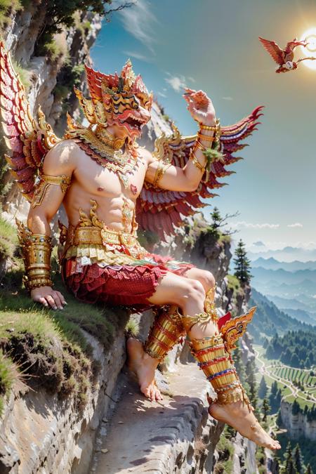 (best quality:1.4), (ultra highres:1.2), (photorealistic:1.4), (8k, RAW photo:1.2),  very high detail, portrait shot,  (himmapan style:1.7),(garuda:1.3), (giant man flying:1.2), ( red man body with bird head:1.2), (wings:1.2), (on the mountain top:1.5) <lora:HimmapanV1:0.8>