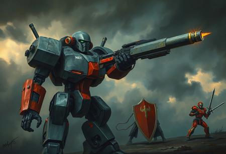 A masterfully handcrafted oil painting in the style of Raphael and Houdini, depicting a scene from a grimdark dark fantasy video game. The central figure is a large, imposing mechanical robot, predominantly gray and red, with a disproportionately large head and a smaller, powerful body. A massive gun is held, pointed decisively towards the right. In the shadowed background, two other robots stand ready; one brandishes a shield, the other a sword. The sky above is thick with heavy, ominous clouds. The composition is impeccable, adhering to the Golden Ratio, captured from a creative angle. Sharp Lines and Brush Strokes define the forms. Stunning Colors and Harmonious Colors, multi-colored, convey a powerful message, even within the grimdark palette. Captivating Lighting highlights the robot's form. This image is High-res, 4K, Exceptional Quality, with More Detail and Lifelike Details. Super Detailed Face and Eyes and Clothes (applied conceptually to robot's structure/optics), Beautiful Detailed Eyes (optics). Balanced Editing, Intentional Focus, Well-timed Moment, Isometric perspective. Dynamic Action Pose. Grammer Effect Style, Splash Ink Illustration elements, Octane Render, Unreal Engine 5 qualities implied through detail. Vivid Emotions (reflected in the scene's atmosphere/design), Joyful Impact (as an artistic contrast/instruction). CGSociety, Artstation Trending on ArtstationHQ. Contemporary Aesthetics. Beautiful Matte Painting. Handcrafted with Precision. High Quality.