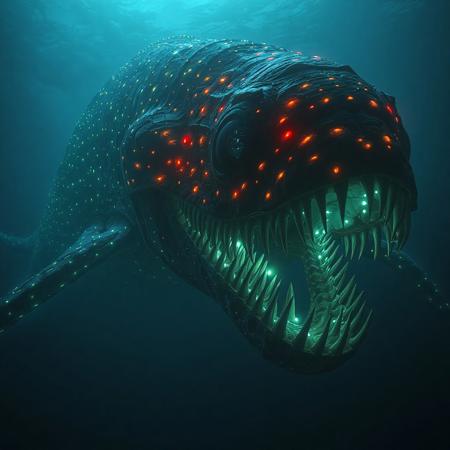 A colossal, deep-sea leviathan with a body covered in bioluminescent markings that glow with an otherworldly light. The creature's eyes are large and reflective, and its mouth is filled with rows of sharp, needle-like teeth. The leviathan moves with a slow, menacing grace, casting an eerie light on the surrounding waters, 
in the style of decaying animatronic, in the style of an old 80's dark fantasy
