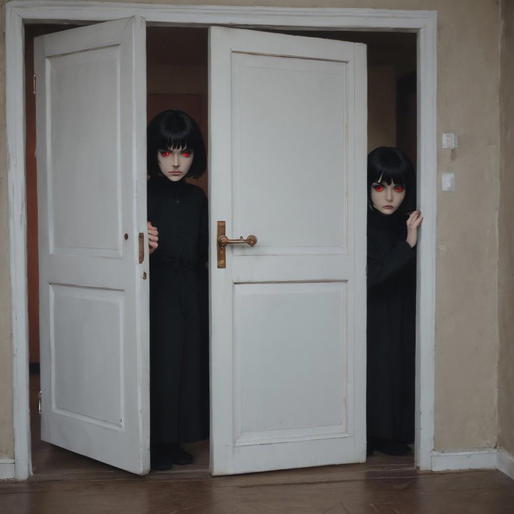 2 girl, russian girls, twins, black hair, short hair, bangs, straight hair, red eyes, they are evil, trick or treating, standing in doorway, front door, from inside house