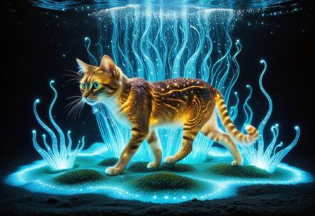 lazypos, A dog sculpted from living rainbow bioluminescence, its form woven from pulsating strands of energy that mimic rolling ocean waves frozen in mid-motion. Every muscle ripple glows with internal radiance, revealing veins of violet and gold beneath its translucent, jellyfish-like skin. Its whiskers stretch like filaments of molten silver, leaving shimmering trails of turquoise sparks in the air. Eyes are deep pools of glowing amber, refracting light like bioluminescent algae under moonlight, hypnotic and infinite. Paws unsheathe claws of condensed moonlight, each step leaving fleeting afterimages of glowing paw prints that dissolve like embers. Surrounding the creature, an ethereal forest glows in response: mushrooms pulse in rhythmic waves, willow tendrils drip liquid light, and the very air swims with floating dinoflagellate sparks. The cat arches its back in a dynamic leap, disrupting a curtain of hanging bioluminescent moss, particles scattering like a slow-motion supernova. Masterpiece-level hyper-detailed fur texture simulation, volumetric god rays slicing through the scene, cinematic shallow depth of field focusing on the cat’s blazing eyes.