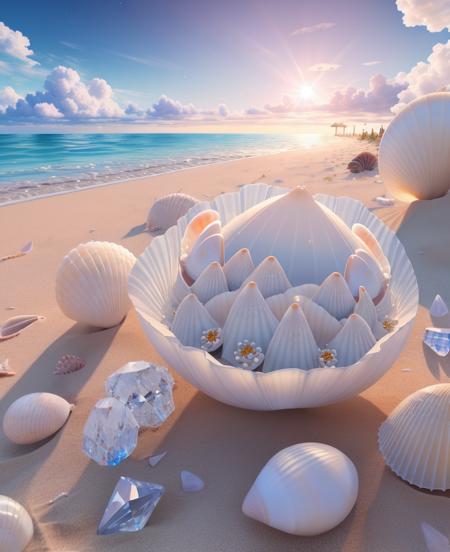 delicate scene, sky,white clouds,and sunlight shine, white beach. flowers roses and shiny large shells, diamond crystal, on the beach, fantasy, sky night , moon, smoke , photo, HD, 8K , realistic, HD, intricate, 8k, highly detailed,fun, sharp focus,