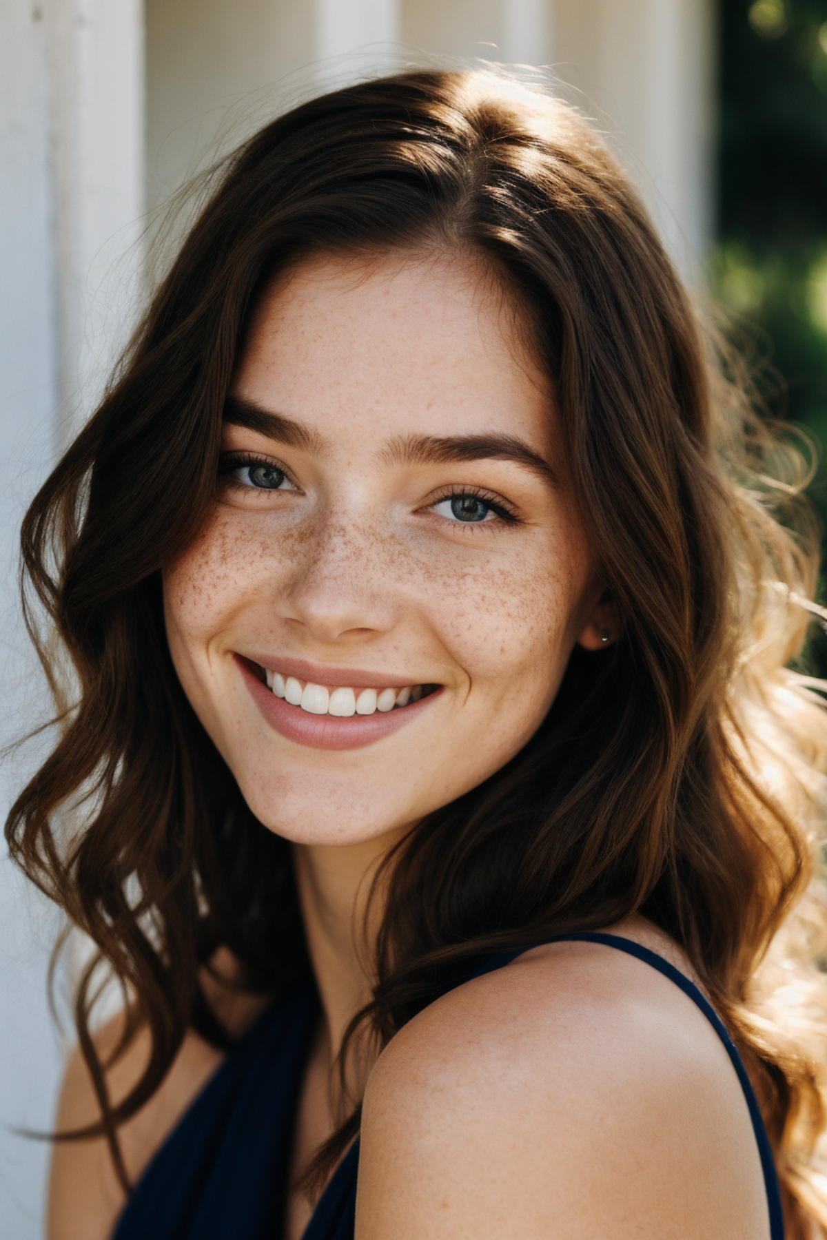 A young woman with freckles smiles for the camera.