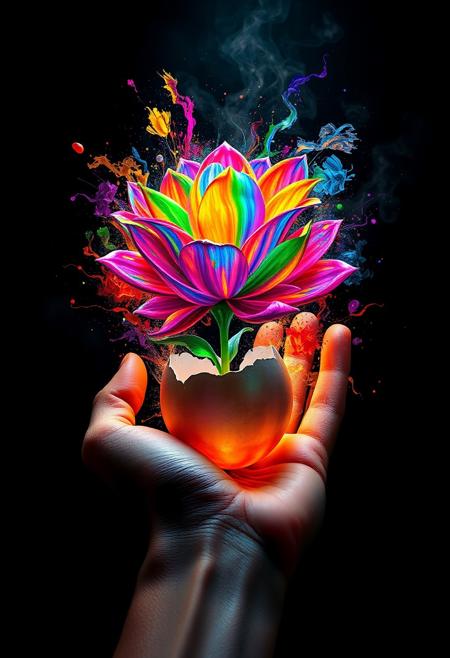 "Create a photorealistic image of the shape of a flower with multicolored petals, outlined with a vibrant, multicolored line, in an acrylic paint that swirls with a kaleidoscope of colors. The flower is sprouting from a cracked egg in the palm of a giant hand. The surrounding environment is pitch black, with only the colorful flower and hand visible. The colors seem to be building up to a catastrophic release, as if the very presence of the flower is triggering a chain reaction of light and energy. The atmosphere is one of intense, impending destruction." Octane render, Highest-Quality, 8 k, intricate details, visually stunning, Masterpiece