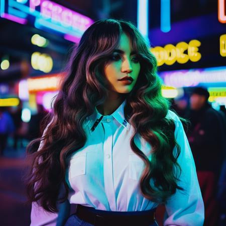 Photo of a woman with long wavy hair,portrait,kodachrome, neon,cyberpunk,  isxmerced,   <lora:ismerced_juggerX_xl_2_wocap_merger_6_95_05_05-isxmerced:1.0>