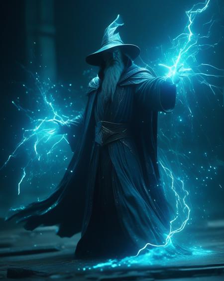 stablishing shot,powerful wizard,deep cyan and dark Color Scheme,cinematic, ethereal glow,lightning sparkles,fluid shapes,evocative,High Resolution