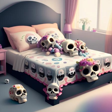 digital art sug4rT3CH a bed covered in soft toys <lora:sugarTECHv2:1> colorful