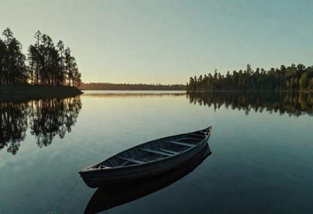 dawn over a quiet lake. In the distance, you can see the silhouette of the city skyline, and in the foreground floats a lone boat. This is a story about a new beginning and the opportunities that come with each new day Ivan Shishkin, 4k resolution, hyper detailed