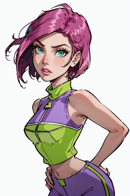 Tecna (pink hair, green eyes, short hair), (FairyOutfit),  (purple bodysuit, purple hood, gloves, knee boots, sparkling outfit, fairy wings) (CasualOutfit), (sleeveless purple and green croptop, purple pants)