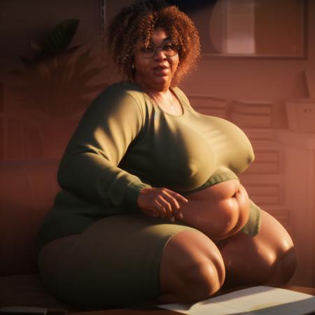  obese, middle-aged, woman, white shirt, green jumper, glasses, brown hair, dark skin 