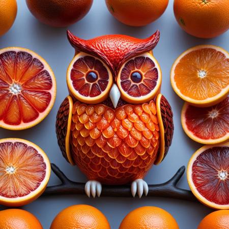 an owl made of blood oranges, blood orange style, masterpiece, best quality, highly detailed, sharp focus, dynamic lighting