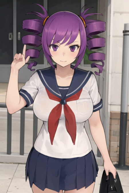 KokonaHaruka, 1girl, solo, pleated skirt, large breasts, shirt, twintails, school uniform, purple eyes, purple hair, serafuku, drill hair, twin drills