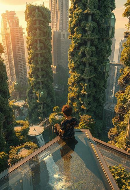 A futuristic eco-city covered in massive vertical gardens,where skyscrapers intertwine with lush greenery. A boy wearing a futuristic outfit adorned with nature-inspired patterns sits on a rooftop platform,overlooking aerial walkways and flowing water features surrounded by vegetation. The golden hues of sunset cast dynamic shadows,creating a harmonious yet mysterious atmosphere.,<lora:kcyberpunk-01:0.8>,kyberpunk,