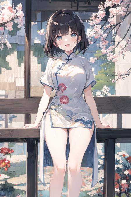 girl, 8620 \(Maitetsu\),masterpiece, best quality, ultra-detailed, illustration,looking at viewer,white chinese clothes,:d,sitting,(Impressionism:1.4)