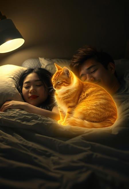 A cozy, dimly lit bedroom at night, illuminated by the soft glow of a bedside lamp. An Asian woman with delicate features and long, dark hair sleeps soundly, her head resting on a plush pillow. Beside her, a Caucasian man with short, tousled hair lies peacefully, his arm draped protectively over her. Between them, curled up on the bed, is the glowing spirit of a golden-orange tabby cat with medium-length fur. Its translucent form radiates a soft, golden light that gently reflects off the smooth cotton sheets. The cat’s fur shimmers subtly, revealing the classic tabby stripes even in its spectral state. The serene atmosphere is filled with warmth and tranquility, as the spirit of the beloved cat watches over its owners, offering comfort and an unbreakable bond that transcends life and death.