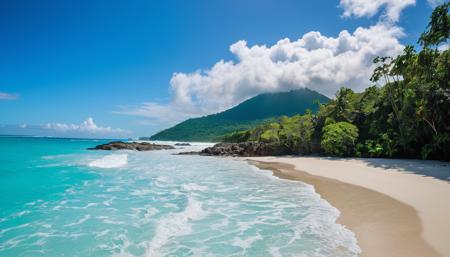 Imagine a tropical sandy beach untouched by humans, for which the word paradise was invented. In the foreground you can see the crystal-clear, shimmering turquoise water foaming as it crashes onto the beach. The surf would provide ideal conditions for surfers.  Behind the sandy beach is a tropical rainforest with lush vegetation. All you can see in the blue sky are a few hazy clouds and, in the distance, a few birds. A mountain range can be seen on the horizon, which is also covered in dense vegetation.
National Geographic award winner photo, masterpiece, amazing composition, dramatic natural lighting, RAW photo, high definition, extremely detailed, Fuji X-T3, high quality, film photography