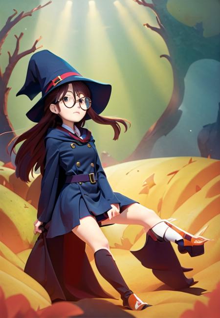 best quality, highres, <lora:roundglasses:.6>, round glasses, witch hat,full body,  <lora:atsukoKagariLittle_v10:.6>, kagari atsuko,