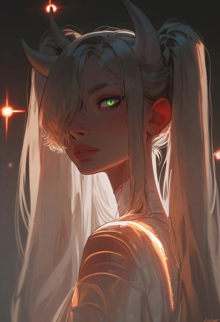 score_9, score_8_up, score_7_up, score_6_up,score_5_up, closeup, portrait, detail,
(1girl:1.2), Frieren, very long hair,blonde hair,hair over one eye,one eye covered, giant massive horns, silver and blonde hair, (laser light clothes:1.3), (glowing dress:1.3), twintails, (((turns to the viewer, the view from the back))), (perfect face:1.1), green eyes,glittering, onyx dress, from side, profile, intricate complexity details, dark background