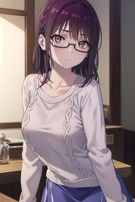 sumikafujimiya, <lora:sumika fujimiya s1-lora-nochekaiser:1>,
sumika fujimiya, (brown eyes:1.5), purple hair, braid, glasses, semi-rimless eyewear, under-rim eyewear,
BREAK sweater, long sleeves, collarbone, skirt, purple skirt,
BREAK indoors,
BREAK looking at viewer, (cowboy shot:1.5),
BREAK <lyco:GoodHands-beta2:1>, (masterpiece:1.2), best quality, high resolution, unity 8k wallpaper, (illustration:0.8), (beautiful detailed eyes:1.6), extremely detailed face, perfect lighting, extremely detailed CG, (perfect hands, perfect anatomy),