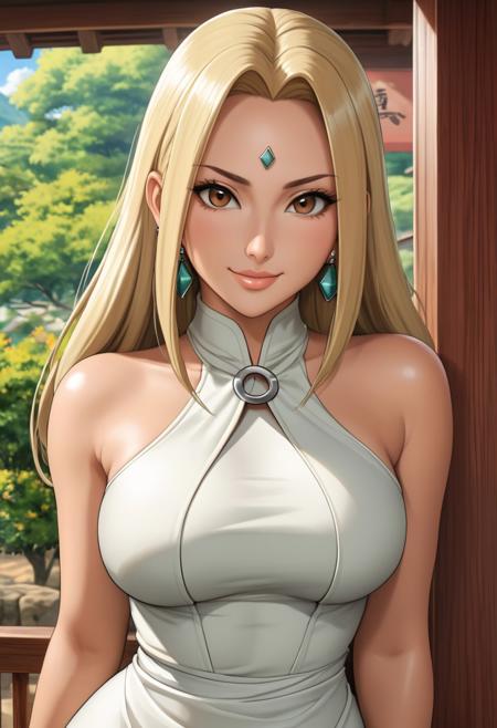 (masterpiece, top quality, 8K, high details), comic:06, volumetric lightning, sfx effect accentuating the voluptuousness of the character,
(solo female, Tsunade from Naruto),((a sexy long hairstyle matching Tsunade's dress)),smooth brows, attractive eyelashes, smooth hands, detailed eyes, symmetrical eyes, brown eyes, eyes reflection, detailed body, beautiful earrings, same earrings, large hip, fit torso, sexy Club dress, tight fitting cloth,oval keyhole opening cloth exposing breasts, high heels, longing smile,(one small diamond-shaped mark on the middle of her forehead like the one from Tsunade in Naruto, The small diamond-shaped mark should radiate an elegant aura), background from Konoha village