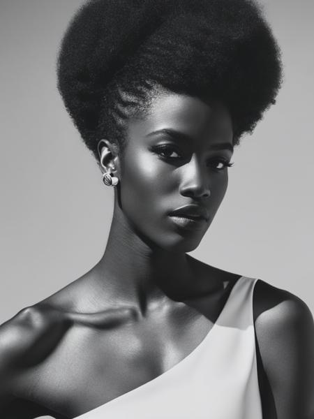 <lyco:ZaneleMuholi:1.0> Editorial for Vogue France, black skin model, afro hairstyle, black and white mid shot photography, close up, in the style of monochrome simplicity, assymetrical framing, sharp focus