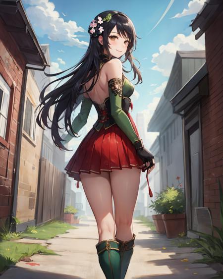 best quality, (masterpiece:1.2), illustration, absurdres,
(1girl, solo), (beautiful detailed girl),
<lora:GuanYinping-08:0.7>, Guan Yinping, black hair, brown eyes, hair ornament, hair flower, small breasts,
green top, bare shoulders, black collar, black corset, red skirt, fingerless gloves, green boots,
(brick wall:1.1), (graffiti:1.1), alleyway, alley, sky, clouds, run down buildings,, standing, from behind,,
looking at viewer, confident,  smile,