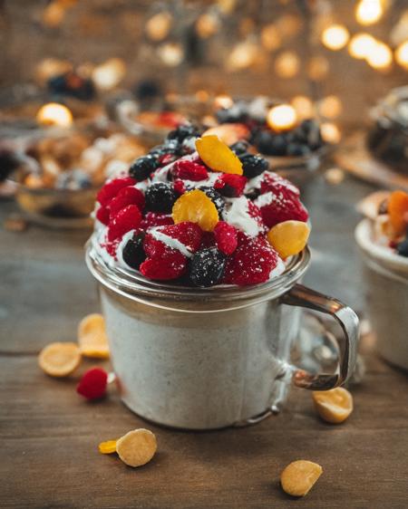 classicnegative photo, the most delicious sundae with sprinkles on a table in a cafe, dimly lit, light particles, haze, halation, bloom, dramatic atmosphere, centred, rule of thirds