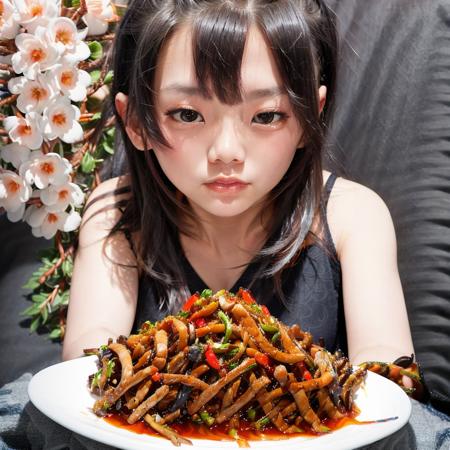 a chinese girl wearing black,  looking at viewer, sitting next to table,  <lora:yuxiangrousi:1>, masterpiece, eos, studio light,  Yuxiang shredded pork on the table,  a plate of food with meat and vegetables,