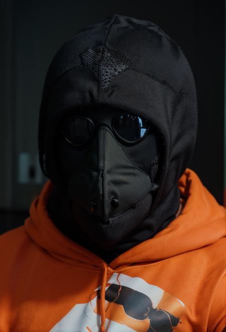 <lora:kekrav1:0.9> 1boy, black mask, blurry, gas mask, hood, kekra, male focus, mask, orange hoodie, realistic, shirt, solo, sunglasses, upper body