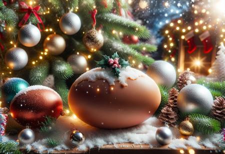 Christmas egg with Christmas tree in the background with Christmas balls and lights